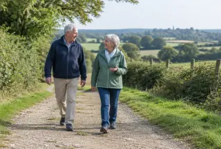 Deux seniors marchent côte à côte sur un chemin de campagne près de Vernoil, dans une ambiance calme et lumineuse.